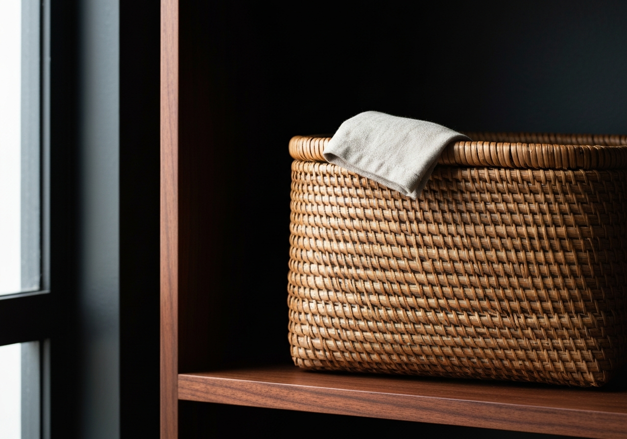 Panier en rotin tressé sur une étagère de noyer, lumière latérale