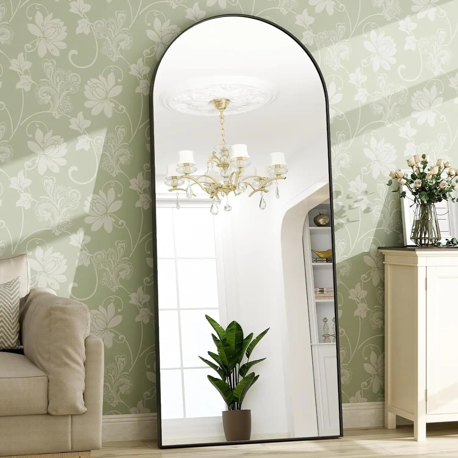 Miroir pleine longueur arqué sur pied, miroir Leautobloquant, cadre en aluminium, décoration d'intér