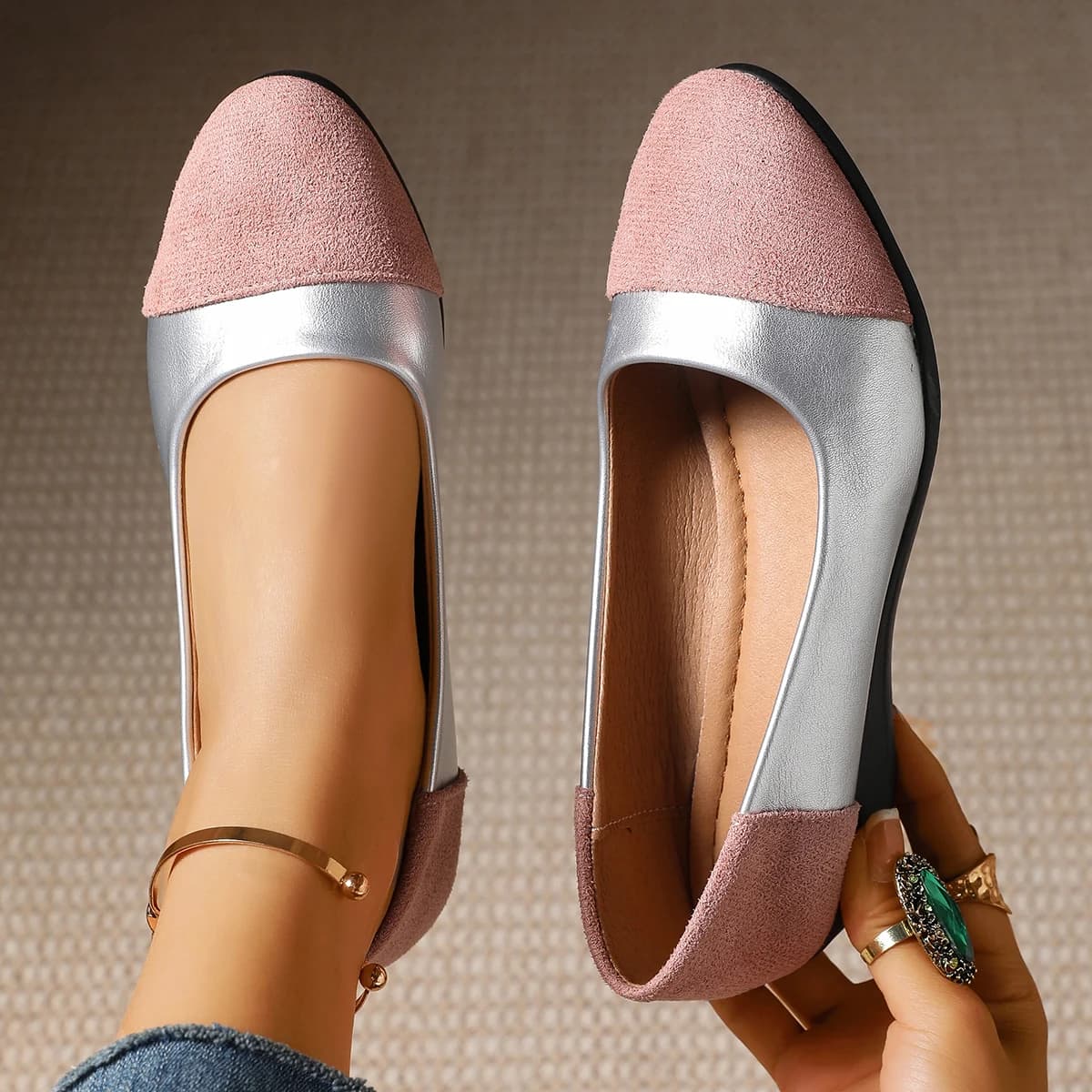 Chaussures plates bicolores pour femmes, escarpins à enfiler en daim patchwork