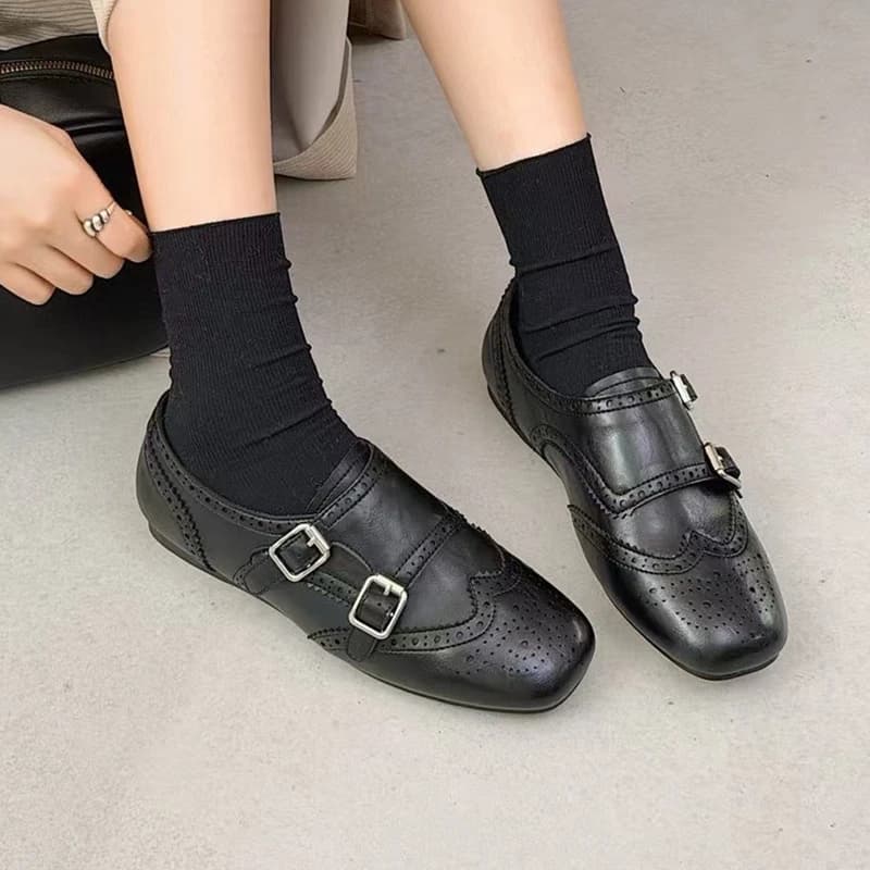 Nouvelles Chaussures Brogues Femme 2026 à Boucle Métallique, Mocassins Plats à Double Boucle, Grande