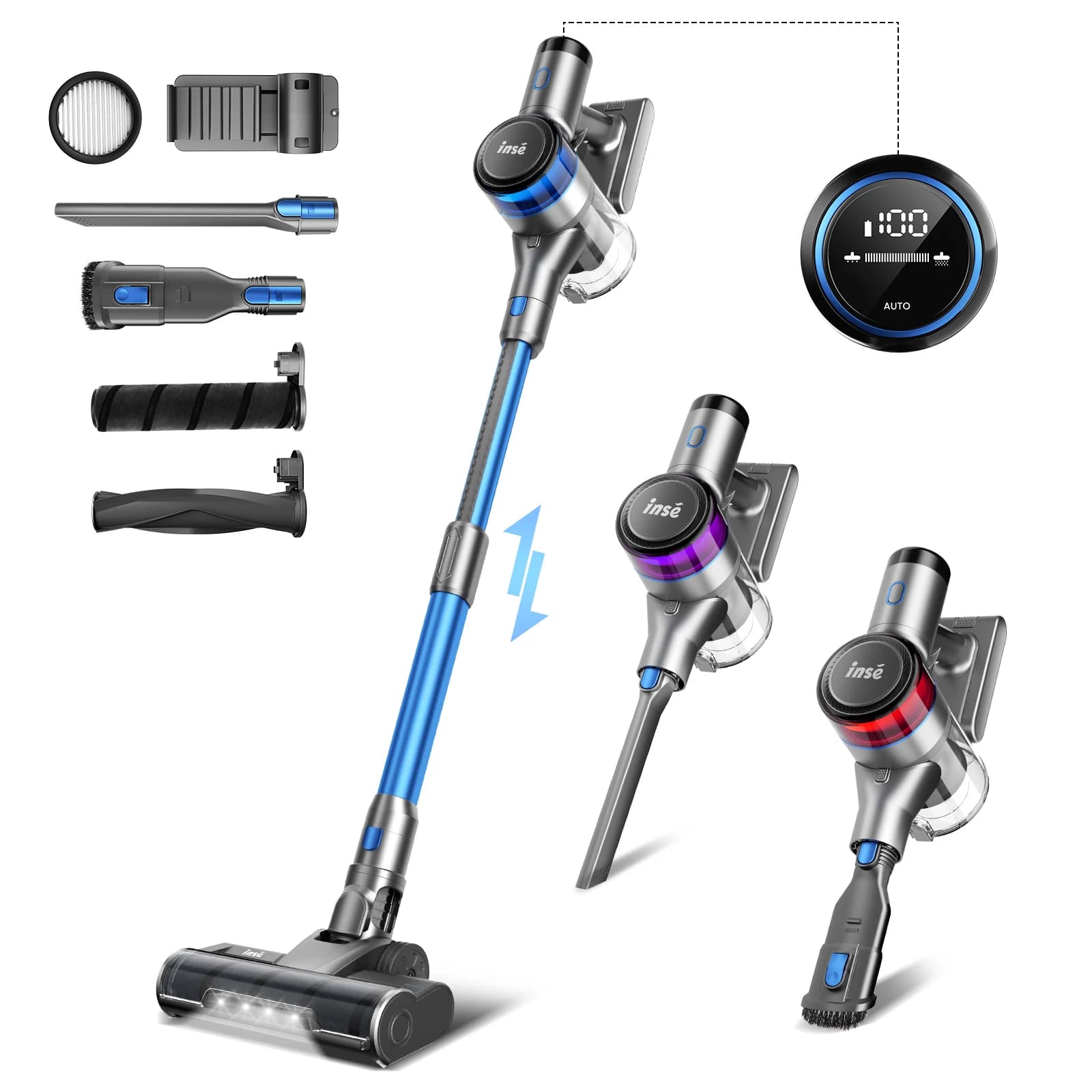 INSE-Aspirateur sans fil avec affichage LED, aspirateur à réglage intelligent, aspirateur pour tapis