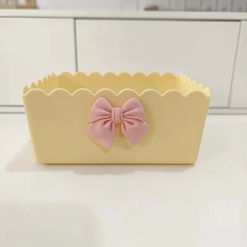 Boîte de rangement de bureau en plastique jaune avec nœud, organiseur de cosmétiques, panier à frian