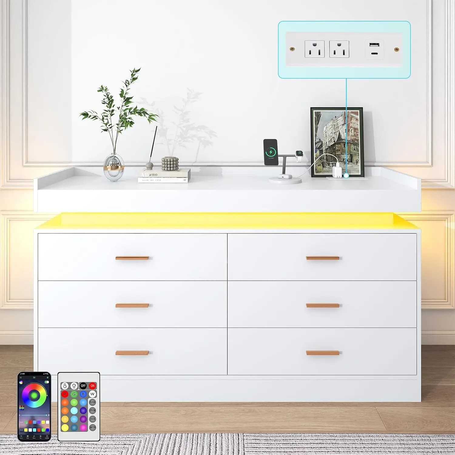 Commode à 6 tiroirs avec station de charge et lumières LED, commode moderne avec prise de courant, a