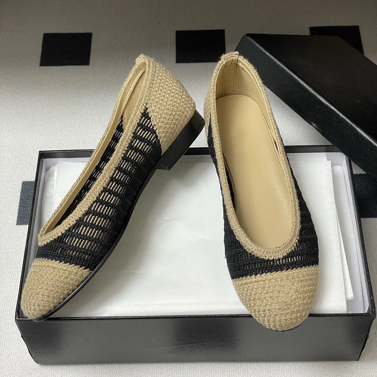 Ballerines en raphia pour femmes, bout pointu, crochet, raphia, chaussures classiques bicolores