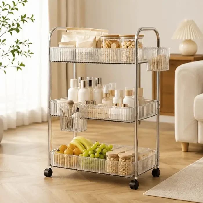 Chariot de rangement mobile transparent à 3 niveaux pour la maison