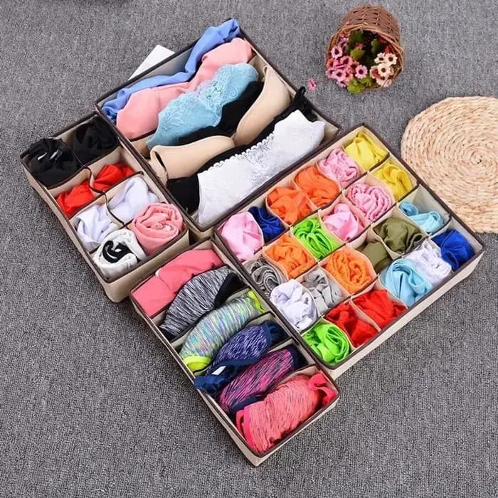 Boîte de rangement à grille 6/7/8/24, boîte de rangement pour sous-vêtements beiges, boîte de rangement pour chaussettes quatre pièces, boîte de rangement pour soutien-gorge en tissu