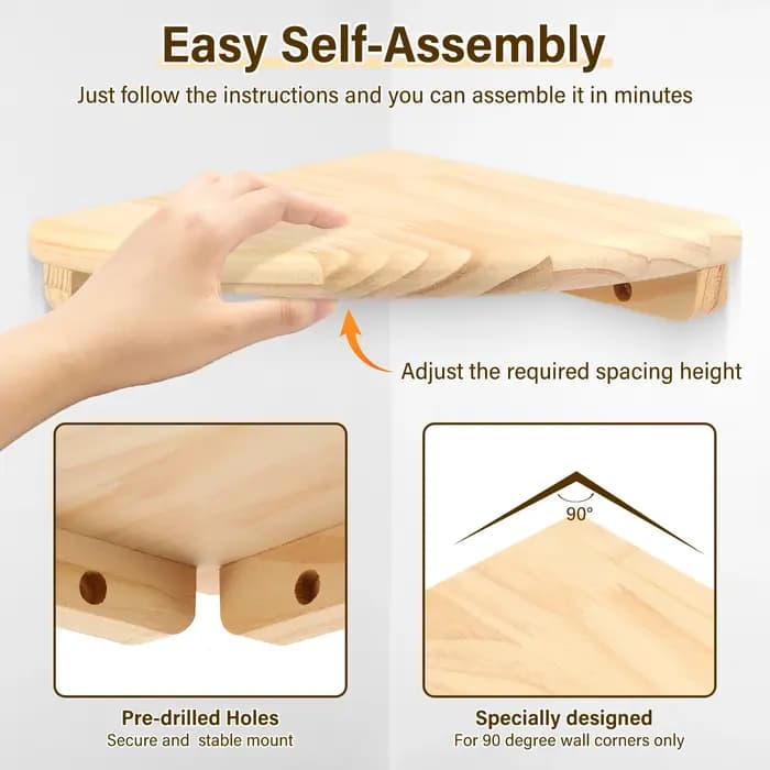 Étagère d'angle murale en bois festonné (2/4 pièces) avec vis