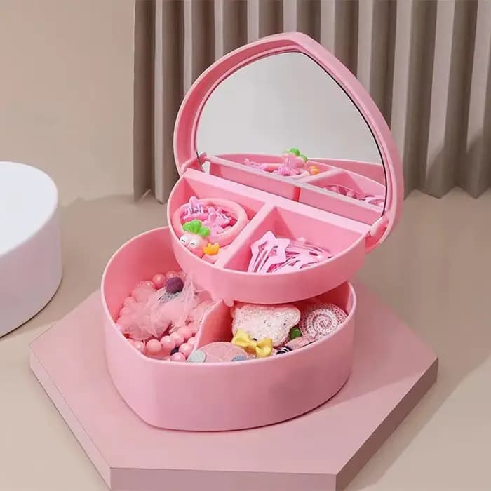 Boîte de rangement pour bijoux en forme de cœur pour filles avec miroir, en plastique rose et blanc, organisateur de bracelets et de bandeaux pour cheveux, présentoir de bijoux pour filles à poser sur
