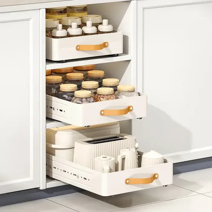 Nouvelle étagère de rangement de cuisine évolutive avec armoires