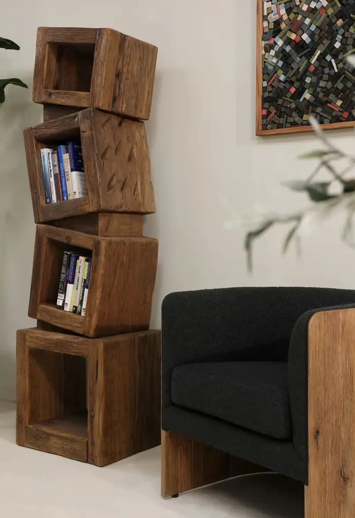 Étagère en bois massif, chêne recyclé 175x50x40 cm, présentoir géométrique, étagère de rangement à niveaux, bibliothèque industrielle en forme d'échelle