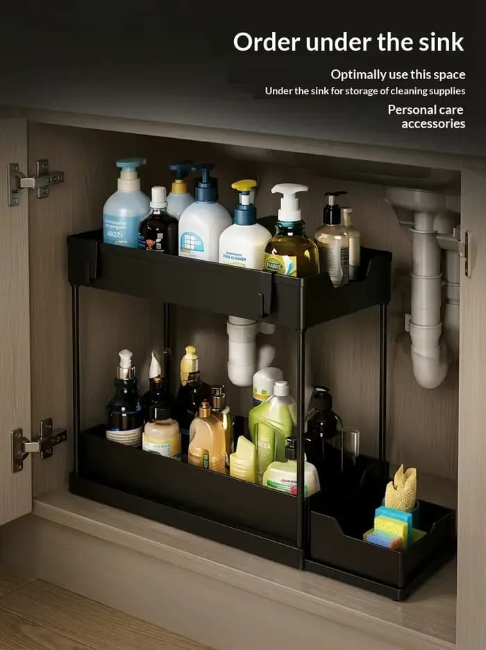 Étagère de rangement double couche sous évier, panier coulissant pour armoire, étagère de rangement avec crochets, étagère de rangement pour comptoir de salle de bain et de cuisine