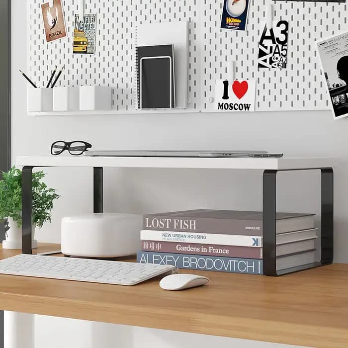 Support d'ordinateur de bureau surélevé pour écran et ordinateur portable avec rangement intégré