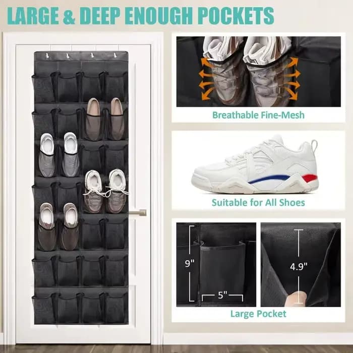 Range-chaussures à suspendre sur la porte avec 24 grandes poches en filet