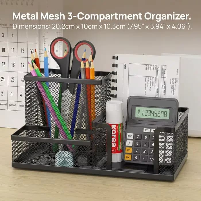 Organisateur de bureau en maille noire avec porte-crayons et paniers de rangement