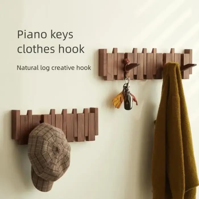 Porte-manteau mural créatif en bois avec 8 crochets en forme de touches de piano