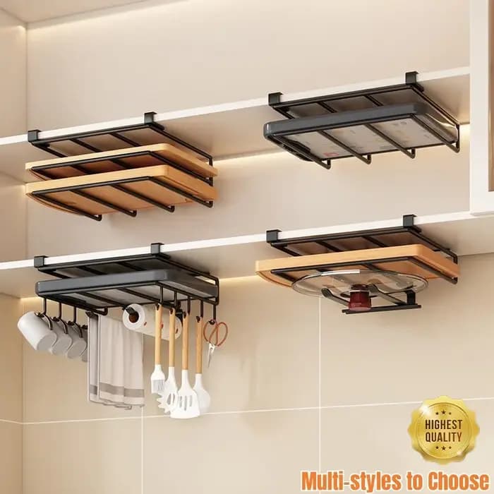 Support organisateur suspendu sous placard de cuisine avec crochet