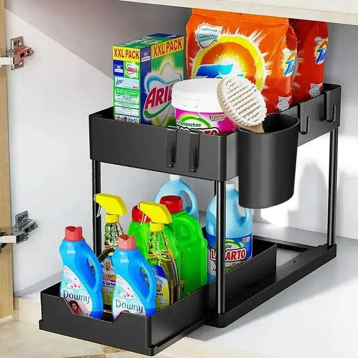 Étagère de rangement coulissante à double niveau sous évier
