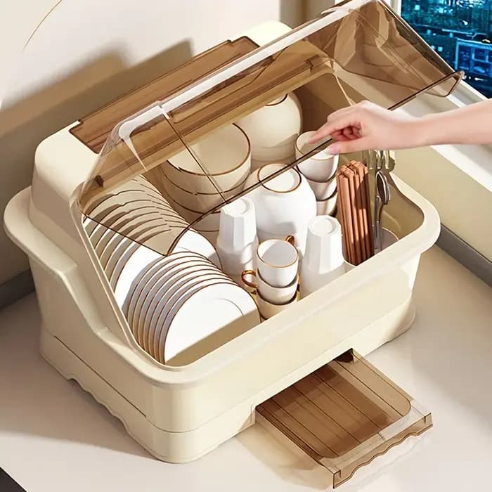 Étagère à vaisselle avec couvercle – Armoire de rangement de cuisine peu encombrante et anti-poussière