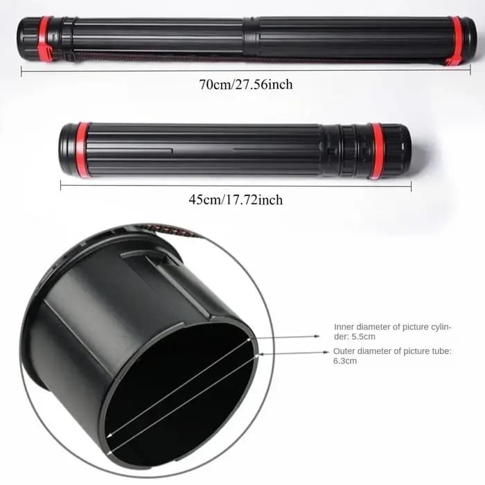 Tube de stockage d'art en plastique noir rétractable avec bretelles réglables pour transporter illustrations et tubes de peinture en sécurité
