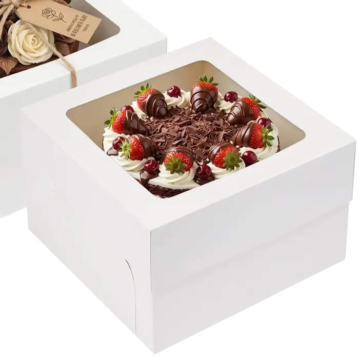 Boîte à Gâteaux en Carton Blanc et Marron avec Fenêtre Transparente