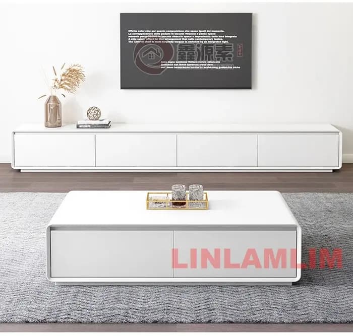 Table basse et meuble TV avec armoires de rangement, ensemble de meubles de salon blancs modernes, ensemble de centre de divertissement contemporain