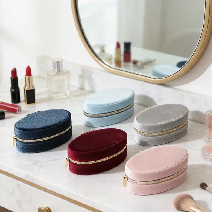Boîte à bijoux en velours – Organiseur ovale compact avec compartiments divisés et crochet pour collier | Rangement de