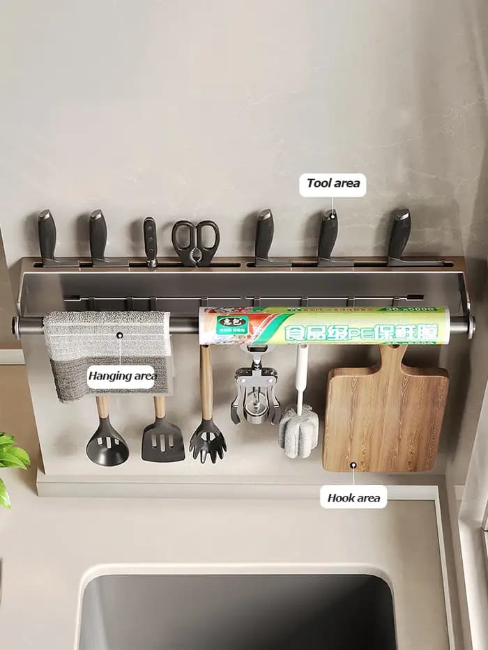 Étagère murale en acier inoxydable pour essuie-tout de cuisine avec crochet