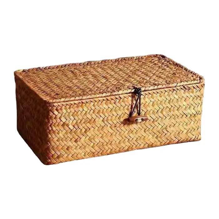 Boîte de paille tressée traditionnelle avec couvercle, bac de rangement décoratif fabriqué à la main