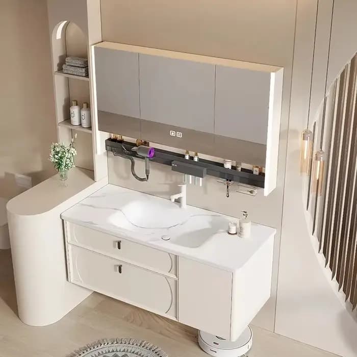 Meuble-lavabo et vasque de salle de bain en chêne français vertical, esthétique minimaliste, avec ra