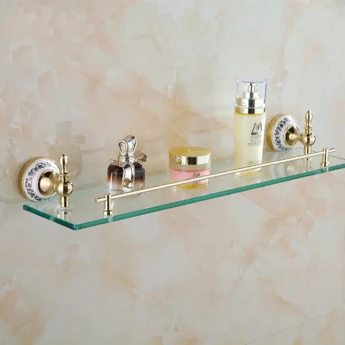 Métal Finition Dorée Matériau Bain Étagère Avec Simple Guatemala Verre sur le Mur HOStorage Support ST-6713
