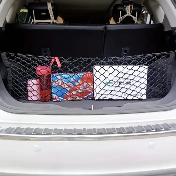 Filet de rangement pour coffre avec crochet extensible et matériau en nylon pour une durabilité accrue. Convient aux camionnettes