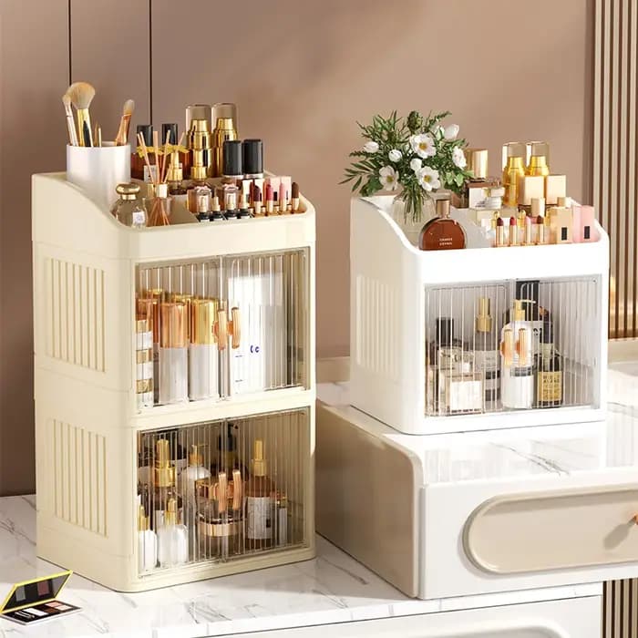 Organisateur de maquillage pliable à 3 à 4 niveaux avec fonction tiroir – Fournit un rangement spacieux pour cosmétiques