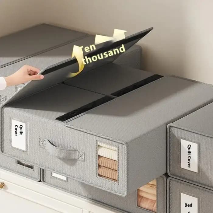 Boîte de rangement pour draps en tissu avec fermeture éclair et fenêtre pliable pour couvertures