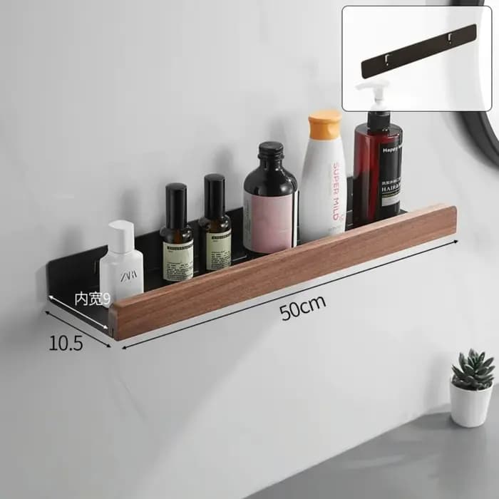 Étagère d'angle noire en aluminium et bois pour salle de bain