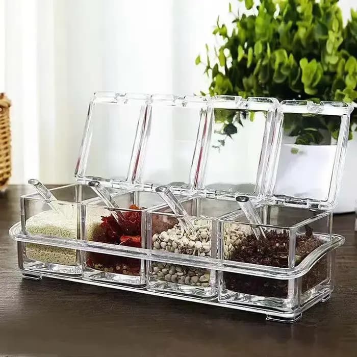 Boîte d'assaisonnement transparente à quatre compartiments avec couvercle de cuillère et Base de rangement
