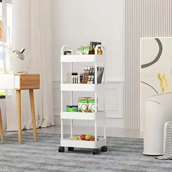 Chariot de rangement multifonctionnel blanc à roulettes : Étagères ouvertes pour espaces de vie, présentoir à livres, idéal pour la cuisine, la chambre à coucher, rangement et décoration