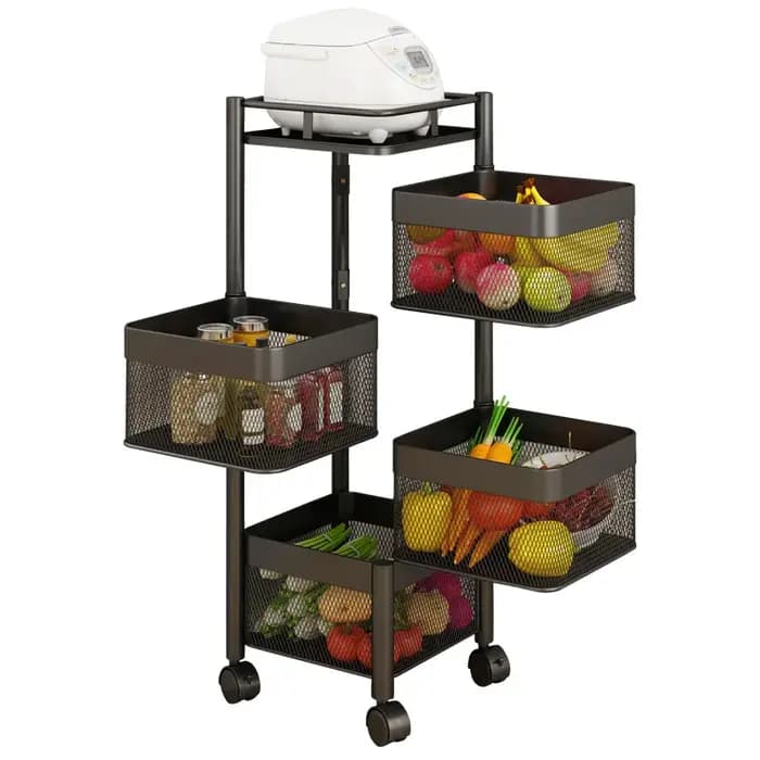 Étagère carrée de cuisine avec roulettes, chariot de rangement rotatif, étagère de cuisine pivotante à 3, 4 ou 5 niveaux, chariot pratique