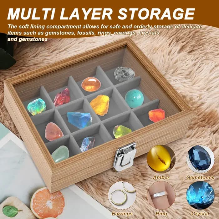 Boîte carrée transparente en bois à 12 compartiments pour collection de roches