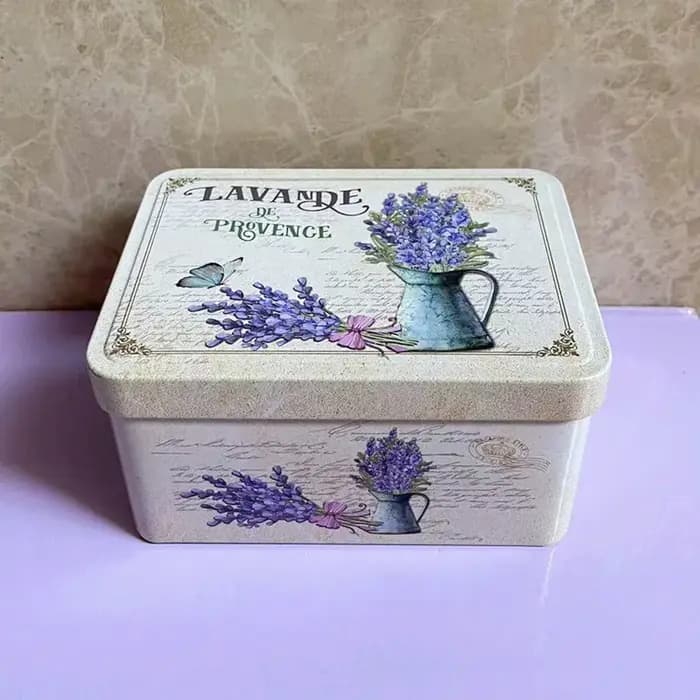Boîte de rangement rectangulaire en métal floral lavande vintage avec couvercle à pression - Organis