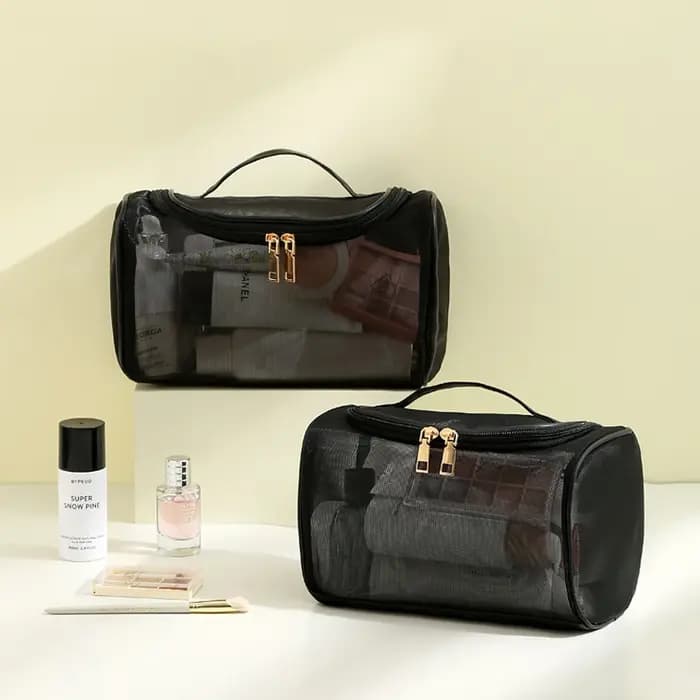 Trousse de toilette, rangement de voyage, pochette à cosmétiques, fourre-tout en maille, trousse de
