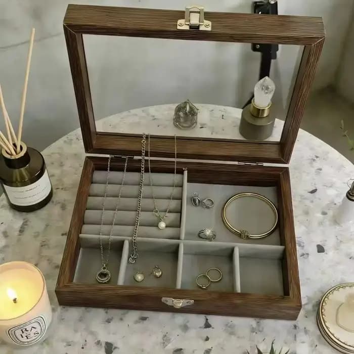 Boîte de rangement pour bijoux avec couvercle en verre, grain de noyer, transparente, boîte à bijoux haut de gamme, anti-poussière et anti-oxydation