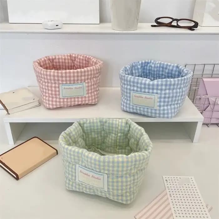 Panier de rangement en tissu à carreaux et rayures