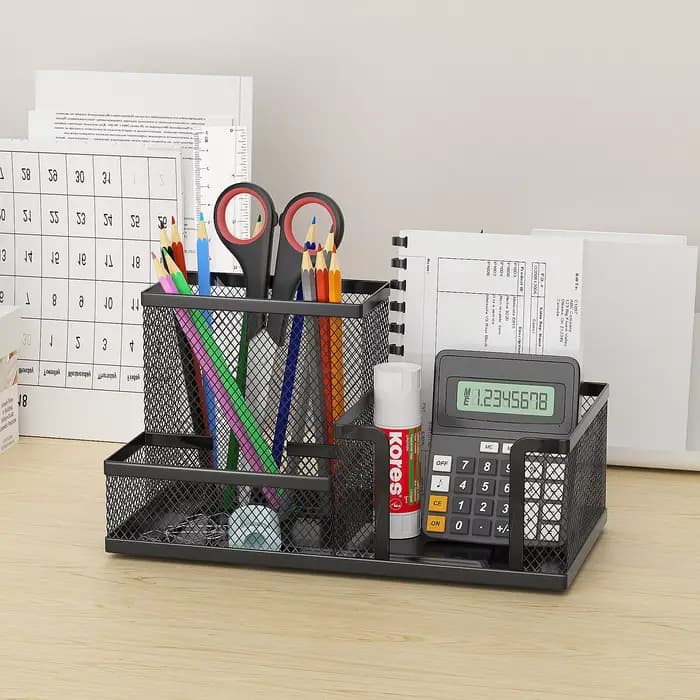 Organisateur de bureau en maille noire – Rangement à 3 niveaux avec porte-crayons et paniers, organi
