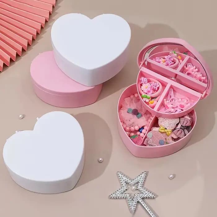 Boîte de rangement pour bijoux en forme de cœur pour filles avec miroir, en plastique rose et blanc, organisateur de bracelets et bandeaux, présentoir de bijoux pour tiroir ou bureau de fille