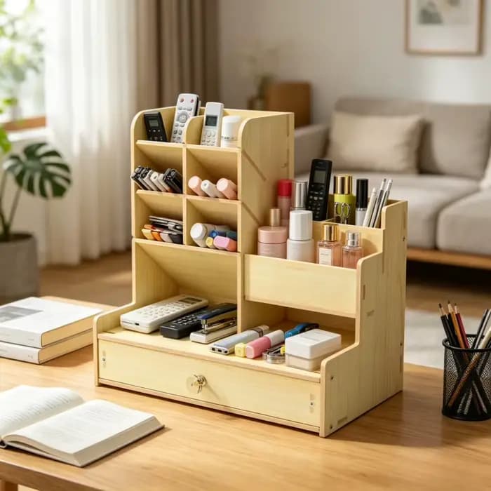 Organisateur de bureau en bois tendance avec tiroir, support à crayons multi-compartiments, style nordique, fournitures scolaires et étagère de bureau