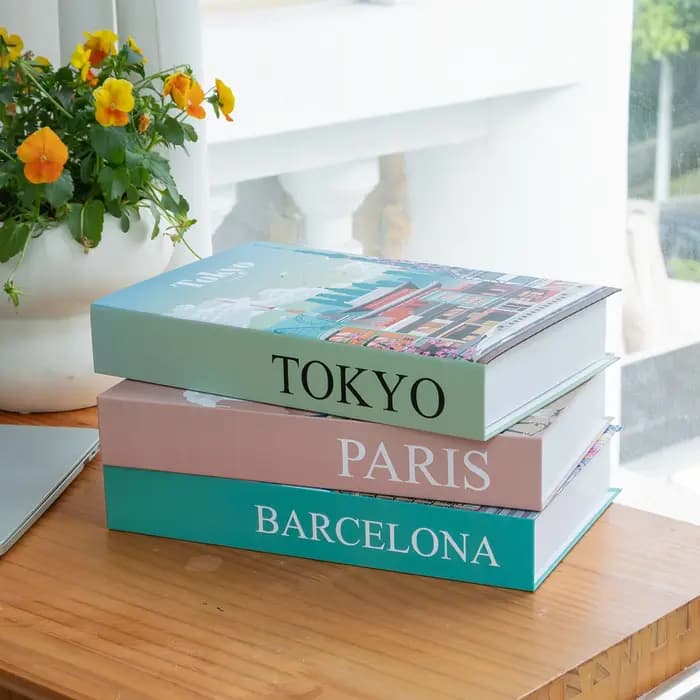 Boîte de rangement décorative en forme de faux livre de luxe Paris New York Londres