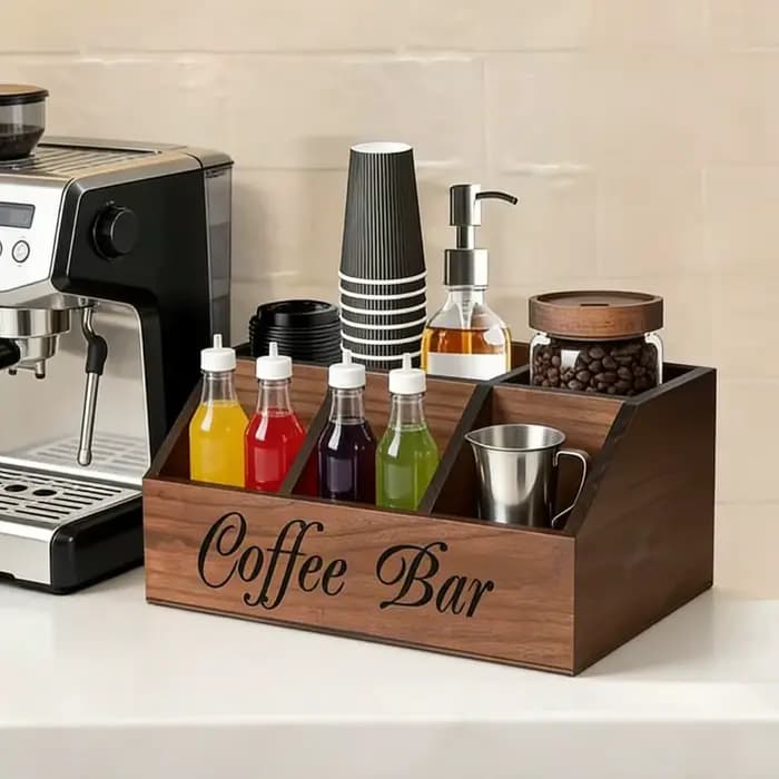 Organisateur de bar à café en bois avec 5 compartiments