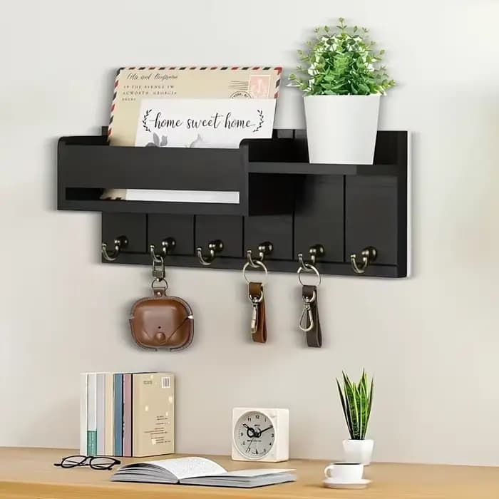 Support de rangement mural, support de rangement mural en bois avec 7 crochets, adapté aux boîtes po
