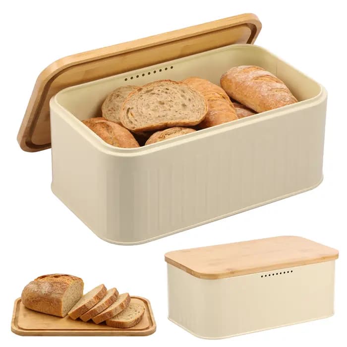 Boîte à pain en métal avec trous de ventilation, récipient de rangement pour le pain, couvercle en bambou, forme carrée, préservation de la fraîcheur