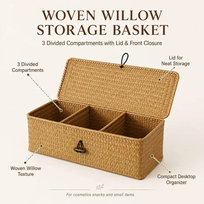 Panier de rangement en osier brun tressé avec couvercle